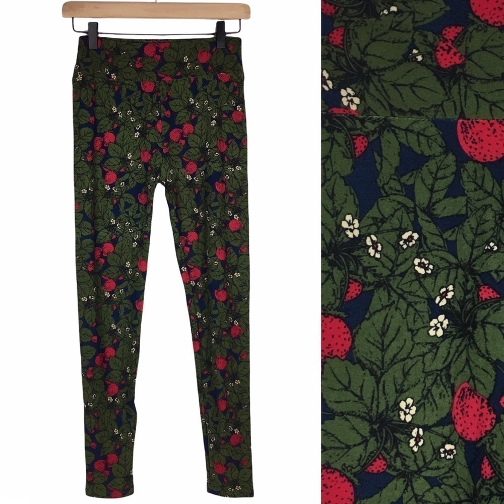 LULAROE Leggings OS One Size Strawberries Strawberry Leaves Navy Blue Red Green